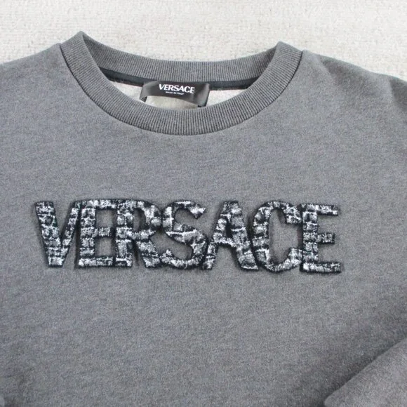 VERSACE Kids Logo Sweatshirt Size 12a Gray Logo Applique Fleece Sweater Crewneck - Picture 2 of 12
